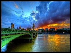 Rzeka, Londyn, Anglia, Chmury, Most, Zachód Słońca